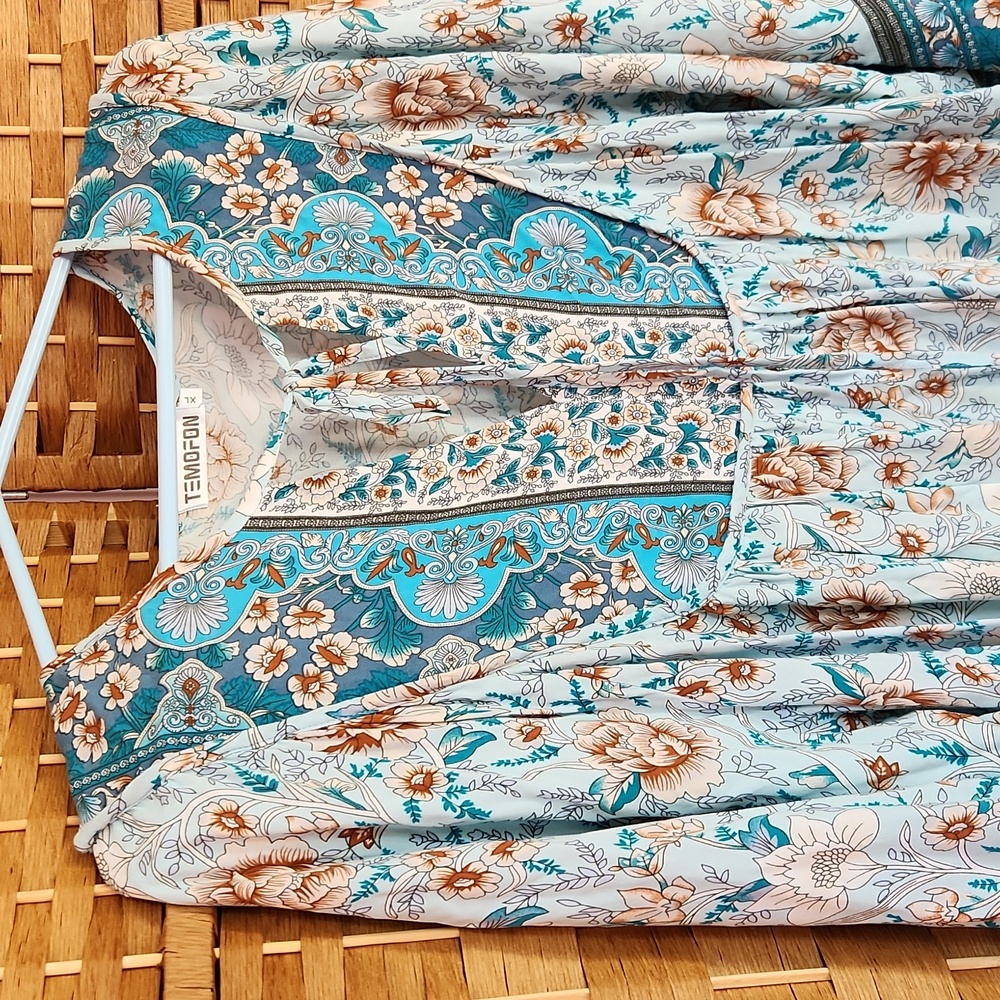 Temofon, Bohemian Teal, Blue, Brown, Floral  Fall, Spring Longsleeve Dress Sz XL - Picture 3 of 10